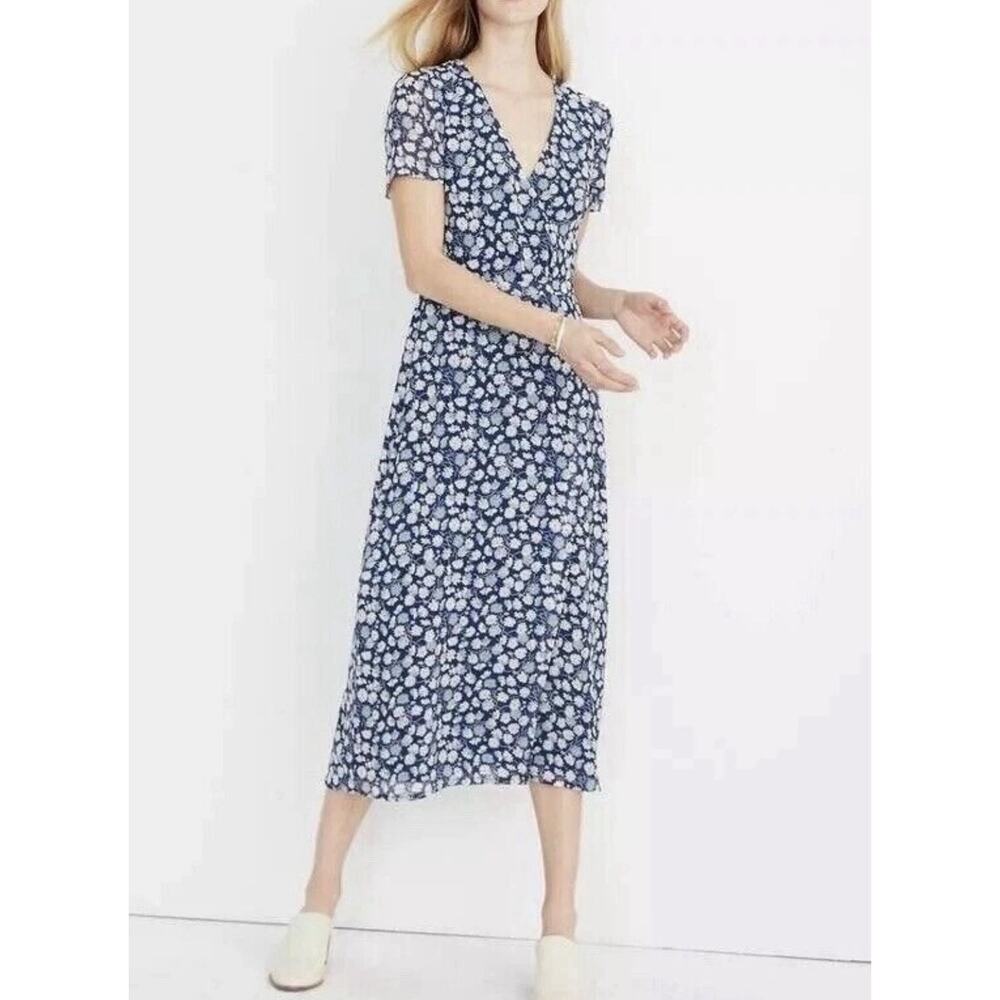 Madewell Faux Wrap Midi Dress Women's Size 4 French Floral Flutter Sleeve Blue